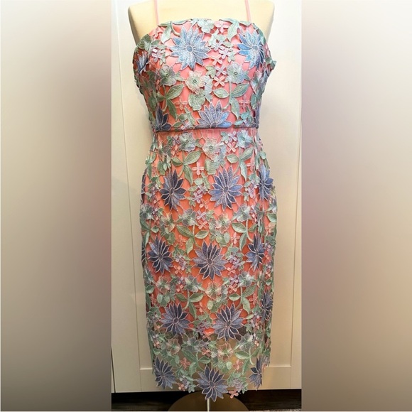 Lace Floral Embroidered Accent Multi Color Spaghetti Strap Dress Sz Med New!